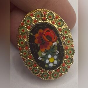 Vintage Gold Tone Floral Design Oval Micro Mosaic Colorful Brooch Pin